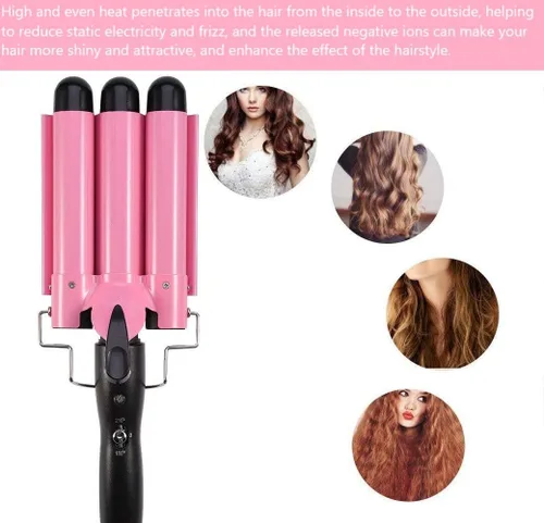 Miniatura 6 de MODVICA varita de rizar de 3 cilindros 26mm ondulador de pelo temperatura ajustable rizador de pelo de cerámica (rosa)
