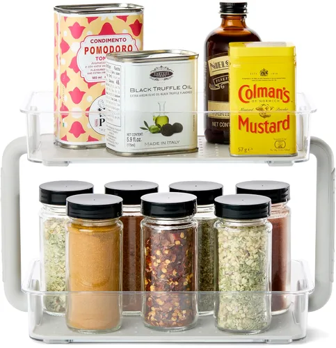madesmart Organizador de especias escalonado, 8 tarros para artículos esenciales de cocina, almacenamiento vertical para sal, pimienta, cayena, Gris