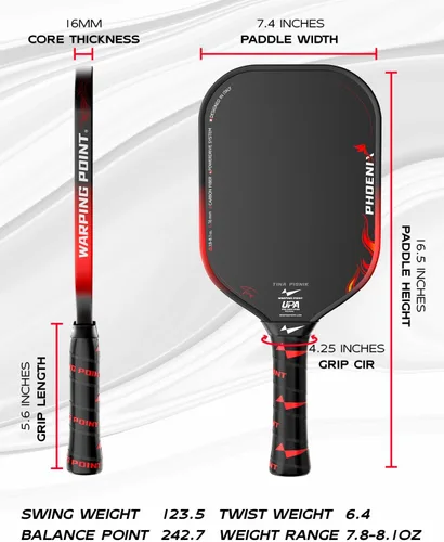 Miniatura 2 de Warping Point Phoenix Gen 3.5 - Paleta de pickleball aprobada por UPA-A, fibra de carbono T700 cruda, sistema PowerDrive de 0.51 pulgadas y 0.63