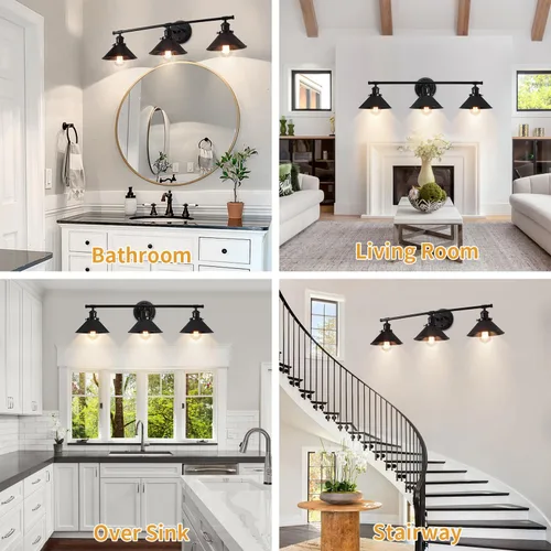 Miniatura 2 de TOULMJ Lámparas de tocador de baño, luces de tocador de granja, 3 lámparas de baño sobre espejo de pared con pantalla de metal, luces de tocador