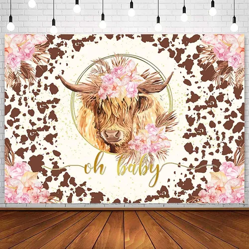 Sensfun Fondo de vaca de las tierras altas para baby shower, decoración de fiesta de vaca sagrada Oh bebé, rosa, bohemio, floral, marrón, granja,