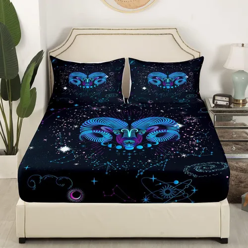 Miniatura 2 de Erosebridal Aries - Sábanas bajeras de nebulosa hippie tamaño individual, sábanas psicodélicas de astrología del zodiaco psicodélico, funda de cama