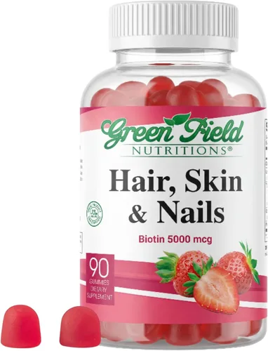 Greenfield Nutritions - Gomitas de biotina halal con vitaminas para cabello, piel y uñas, apoya el metabolismo de la grasa, el crecimiento del