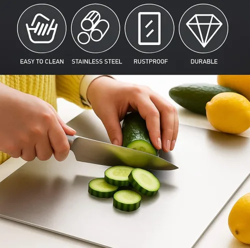 Miniatura 3 de Tabla de cortar de titanio de 13.4 x 9 pulgadas, tabla de cocina de titanio 100% puro, superficie antideslizante, apta para lavavajillas, resistente