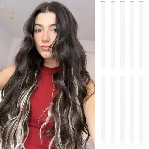 Miniatura 51 de FESHFEN Extensiones de cabello con clip de colores, 16 piezas de 8 colores resaltados, piezas de cabello sintético lacio con clip para mujer, 22