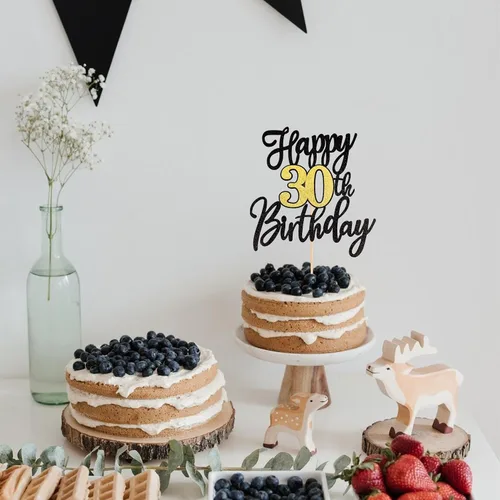 Miniatura 6 de 1 pieza de decoración para pastel de feliz cumpleaños número 30, negro dorado con purpurina, brindis por 30 años, palillo para pastel de cumpleaños