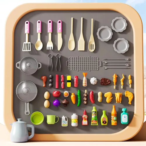 Miniatura 6 de Juego de cocina para niños, juego de cocina 2 en 1 con sonido y luz, fregadero de paly con 60 piezas de juguete de comida y accesorios de cocina
