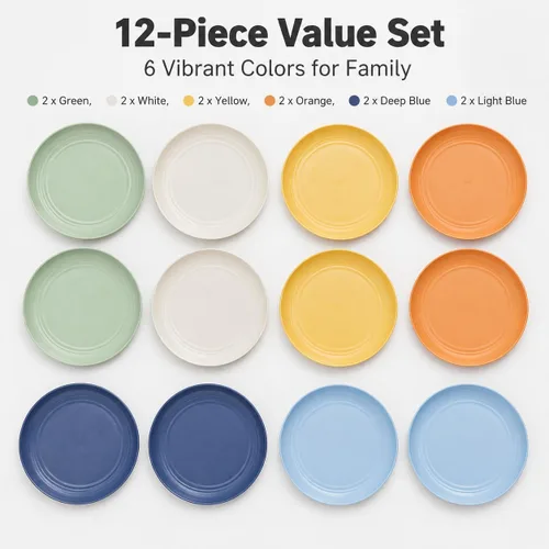 Miniatura 8 de Paquete de 12 platos ligeros de paja de trigo de 9 pulgadas, patés profundos irrompibles para niños, platos de plástico reutilizables