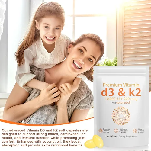 Miniatura 8 de Vitamina D3 K2 de 10000 UI – 240 cápsulas blandas de aceite de coco virgen, suplemento complejo de vitamina D y K 2 en 1, cápsulas blandas de apoyo