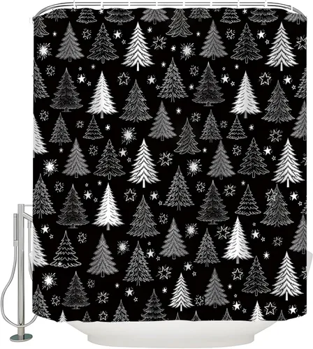 Miniatura 3 de Cortina de ducha con diseño de árbol de Navidad, color negro y blanco, diseño de árbol de Navidad retro, copo de nieve, diseño de pino de Año Nuevo