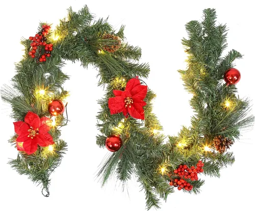 Guirnalda de Navidad preiluminada Adeeing con 20 luces LED - Flores rojas de Poinsettia, bayas y piñas de pino - Guirnalda iluminada de 6 pies para