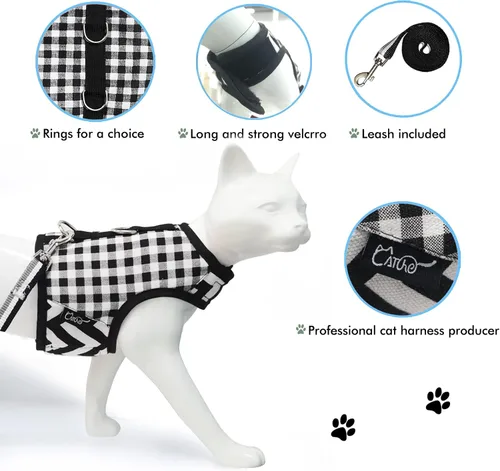 Miniatura 5 de Arnés de gato con correa, ajustable para gatos, chaleco acolchado para gatos, Black Plaid