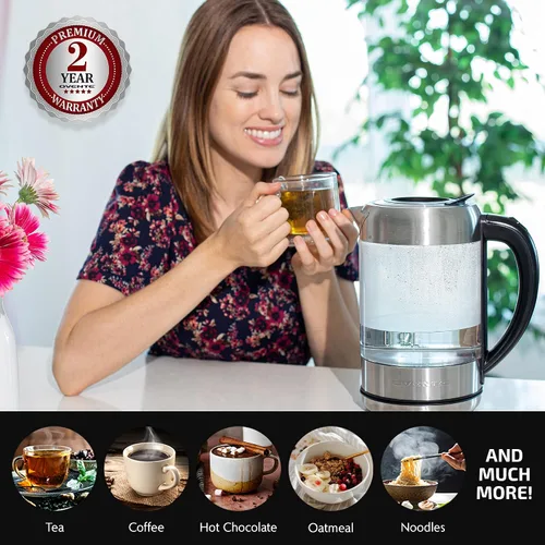 Miniatura 10 de OVENTE Hervidor eléctrico con vidrio de borosilicato de 1.7 L, hervidor de agua instantáneo de 1500 W y calentador para café o té, libre de BPA