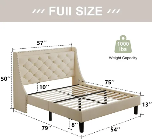 Miniatura 2 de Feonase - Base de cama tamaño completo con respaldo de alas de lujo y estación de carga rápida, base de cama tapizada con botones y cabecera