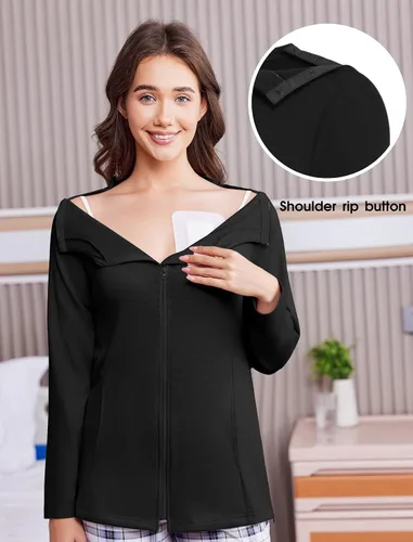 Miniatura 2 de Deyeek Camisas de mastectomía con bolsillos de drenaje, para después de la cirugía de hombro, tops para mujer de quimioterapia de manga larga