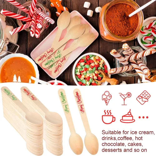 Miniatura 4 de Hoolerry 100 piezas de cucharas de madera desechables para Navidad 5.5'' de cocoa caliente, chocolate, bastón de caramelo, cucharas de degustación