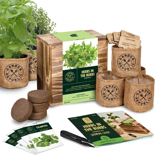 Kit de Inicio de Jardín de Hierbas de Interior - Semillas de Hierbas Reliquia, No Transgénicas - Semillas de Albahaca, Tomillo, Perejil, Cilantro,