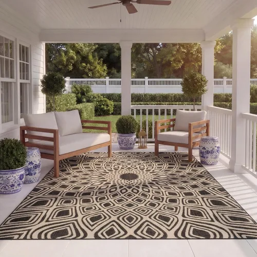 SAFAVIEH Alfombra lavable para exteriores, 9 x 12 pies, color negro y beige, no desprende pelusa y fácil limpieza, ideal para patio, patio trasero,