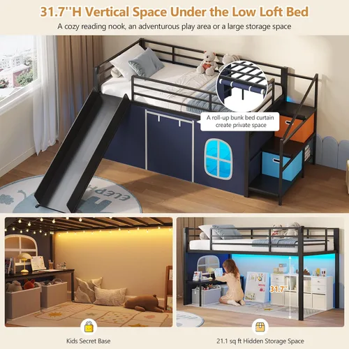 Miniatura 8 de DICTAC Cama alta baja con tobogán, escalera de almacenamiento y luces LED, cama alta de metal tamaño individual con espacio de juego debajo