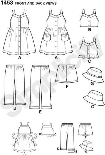 Miniatura 5 de Simplicity Kit de patrón de costura para vestido de niña, top, pantalones o pantalones cortos y sombrero, código 1453, tallas 3-8
