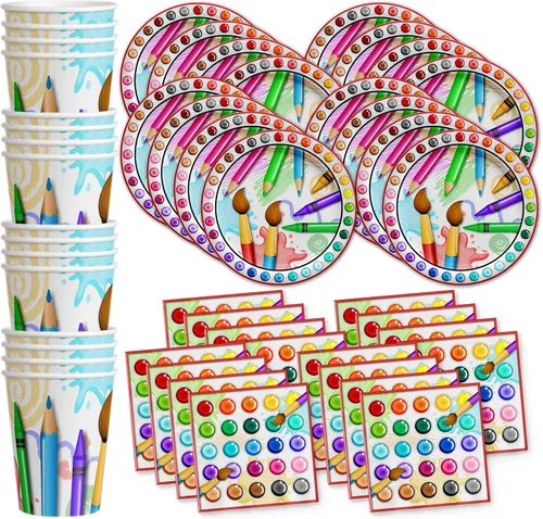 Juego de suministros de fiesta de cumpleaños para pintura de artista, platos, servilletas, tazas, kit de vajilla artística para 16