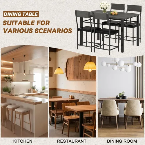 Miniatura 8 de Juego de mesa de comedor para 4, juego de mesa de cocina y sillas de 5 piezas, mesa de comedor rectangular de madera con marco de metal y tablero
