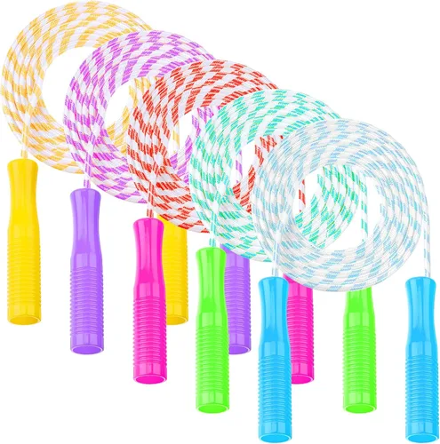 Aoriher Cuerda de saltar para niños, cuerdas de rayas con asas de plástico, 8.2 pies, nailon ajustable, pesado, trenzado, cuerda de saltar para