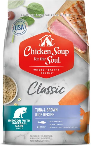 Chicken Soup for Soul Pet Food Indoor Cat - Atún y arroz integral, bolsa de 4.5 libras, para todas las etapas de la vida, comida seca para gatos con