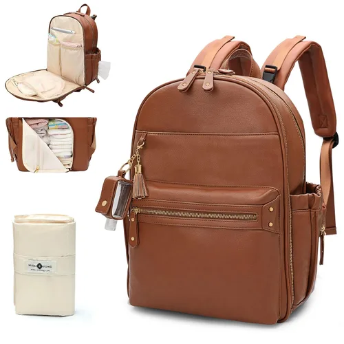 Miniatura 8 de miss fong Bolsa de pañales de cuero, bolsa de pañales para bebé, 16 bolsillos con soporte para desinfectante de manos, cambiador, 2 bolsillos Negro