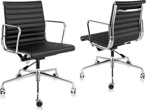 Miniatura 10 de Silla de oficina acanalada con cuero de grano superior, silla de escritorio ergonómica con respaldo alto con brazos y marco de aluminio, ruedas