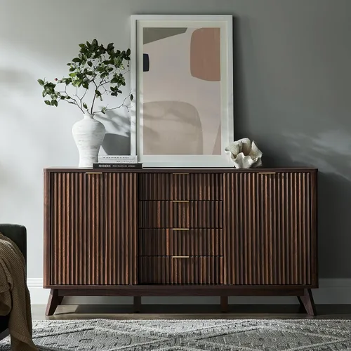 Miniatura 3 de T4TREAM Gabinete de buffet acanalado, aparador moderno de 60 pulgadas con puertas corredizas y 4 cajones, mesa de bar de café con almacenamiento