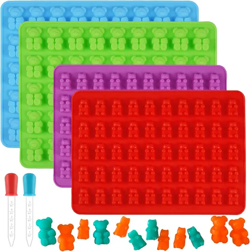 Dos tamaños diferentes de moldes de gomitas de oso, juego de 4 moldes antiadherentes de silicona para chocolate con 2 cuentagotas
