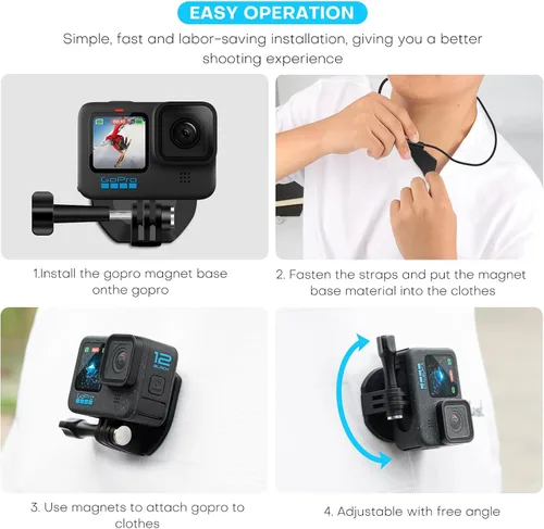 Miniatura 6 de REYGEAK Soporte magnético en el pecho para GoPro, soporte de cuello POV ajustable con doble garra, compatible con GoPro Hero 13/12/11/10/9, DJI