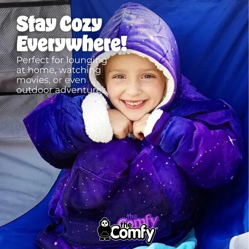 Miniatura 6 de THE COMFY Original Jr para niños Manta de sherpa de forro polar de gran tamaño con capucha y bolsillo Vista en Shark Tank Galaxia
