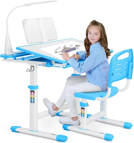 Miniatura 10 de Juego de escritorio y silla de estudio para niños de Artist hand, mesa de estudio y escritura ajustable para niñas, con gran pizarra de escritura