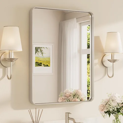 Miniatura 69 de TETOTE Espejo de marco dorado cepillado de 16 x 24 pulgadas, espejo de tocador de baño de latón dorado para pared, espejo enmarcado rectangular