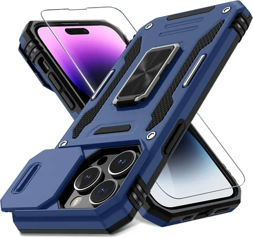 Miniatura 16 de DEERLAMN Funda para iPhone Xs Max con funda deslizante para cámara + protector de pantalla, soporte giratorio de anillo de grado militar a prueba