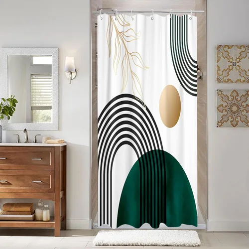 Miniatura 2 de Aipon Cortina de ducha verde de mediados de siglo para baño, cortina de ducha abstracta de estilo bohemio, de tela moderna, impermeable, para baño