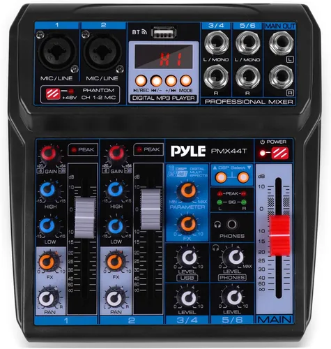 Pyle Mezclador de audio profesional inalámbrico para DJ, 6 canales compatible con Bluetooth, controlador de DJ, mezclador de sonido con efectos DSP,