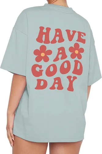 SAFRISIOR Camiseta de gran tamaño con estampado de letras para mujer, cuello redondo, manga corta, eslogan floral, hombros caídos, blusa suelta