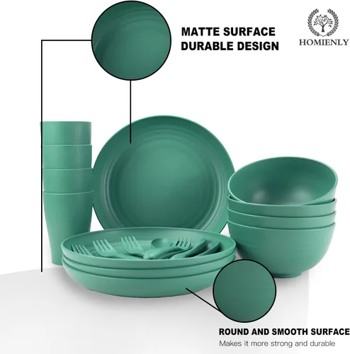 Miniatura 5 de Juegos de vajilla de paja de trigo, Homienly 20 piezas irrompibles aptas para microondas y lavavajillas, cubiertos ligeros Juego de cuencos, tazas