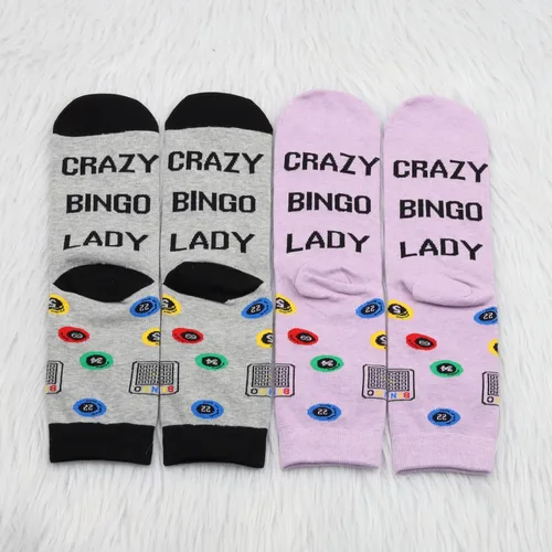 Miniatura 4 de MBMSO Divertidos calcetines de bingo – 2 pares de calcetines de vestir para mujer de bingo loco 2pair Crazy Bingo Señora Gris