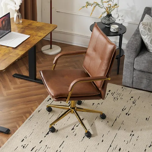 Miniatura 7 de MOJAY Silla de oficina, silla de escritorio de cuero, silla de escritorio marrón, silla de oficina moderna de mediados de siglo, silla de asiento