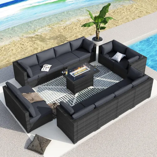 Miniatura 15 de BULEXYARD Juego de 7 piezas de sofá seccional para exteriores con respaldo alto, mesa para fogatas, juego de muebles de patio de mimbre resistente a