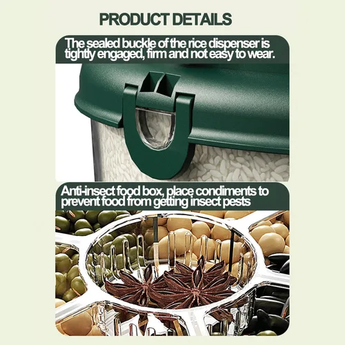 Miniatura 6 de Dispensador de cereales 20Lbs, Contenedor de almacenamiento de cocina giratorio de 360°, Dispensador de arroz y grano de doble capa, Contenedor