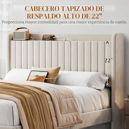 Miniatura 7 de Yaheetech Base de cama tamaño Queen con estación de carga USB y estante de almacenamiento/plataforma de cabecera tapizada con lado de ala/soporte