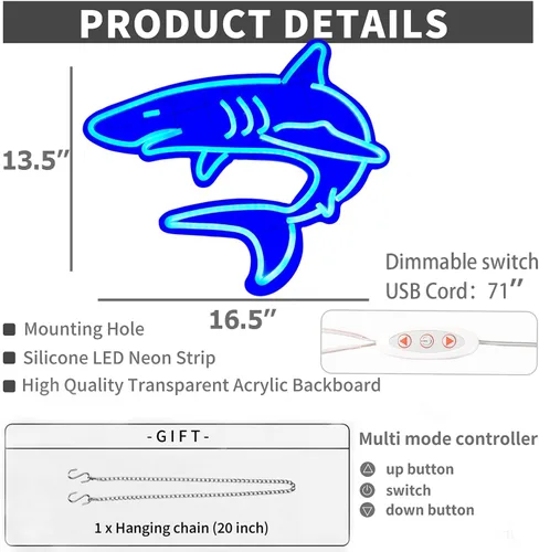 Miniatura 2 de Letreros de neón de tiburón regulables para decoración de pared, gran letrero de luz de neón reutilizable de tiburón para regalos de niños, sala