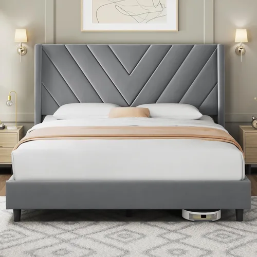 Miniatura 18 de Yaheetech Base de cama tamaño Queen con plataforma tapizada con cabecera con lados en forma de ala/soporte de listones de madera/cabecera tapizada