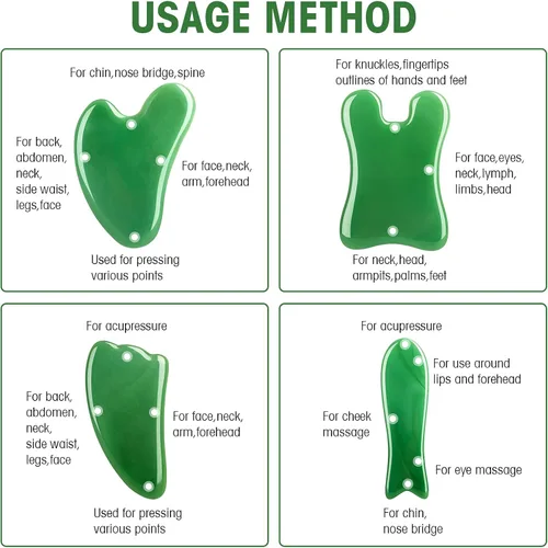 Miniatura 5 de Juego de herramientas faciales de masaje Gua Sha, kit de masajeador Guasha para cara y cuerpo, tabla de masaje de raspado de 4 piezas, terapia Verde
