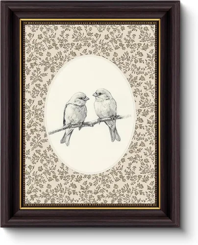 Myzoran Balck - Arte de pared enmarcado en oro, arte de pared de pájaros vintage, pájaros enamorados en una rama, cuadros de dibujo de gorrión